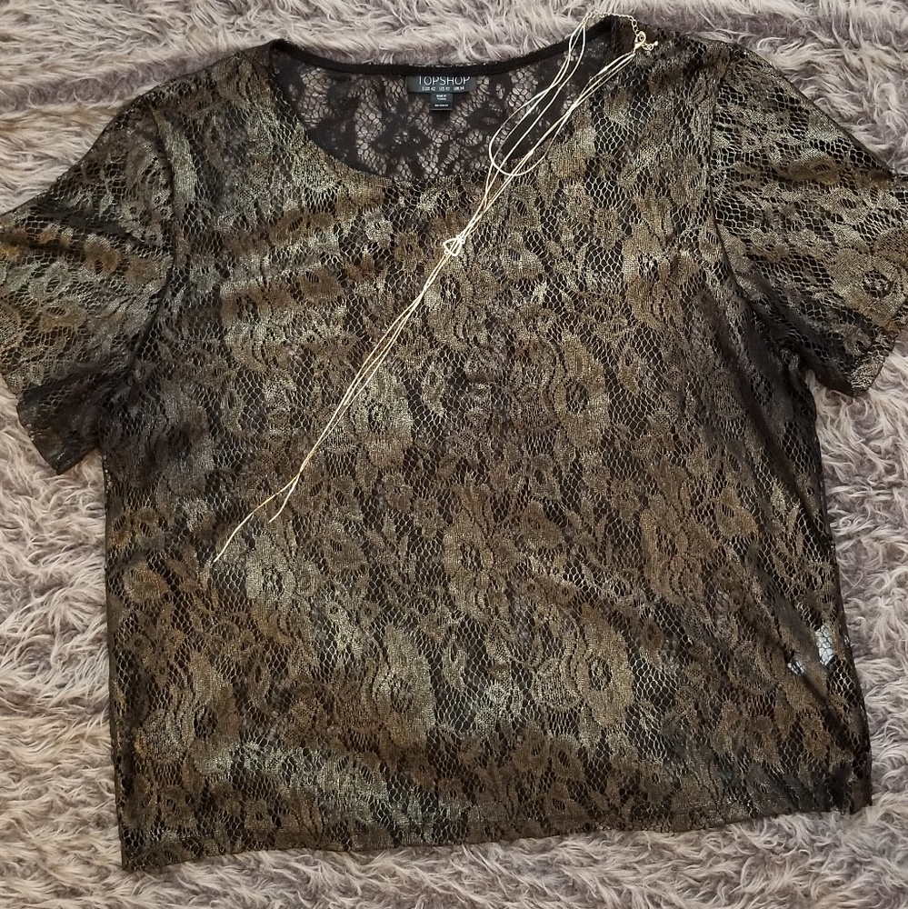 TOPSHOP Gold and Black Lace Short Sleeved Top